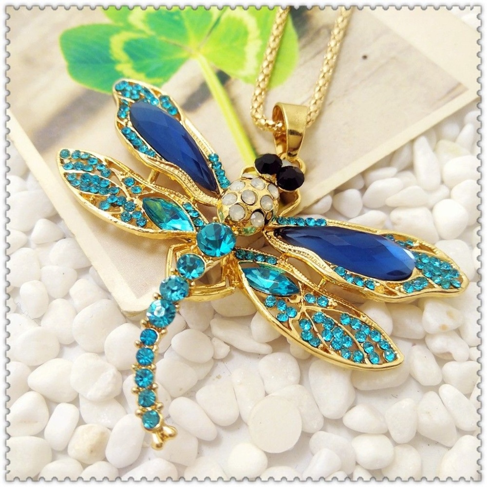 New Turquoise Crystal Rhinestone Dragonfly Pendant